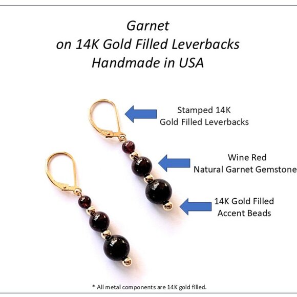 Garnet Earrings for Women on 14k Gold Filled Leverbacks Handmade in USA - Picture 2 of 4